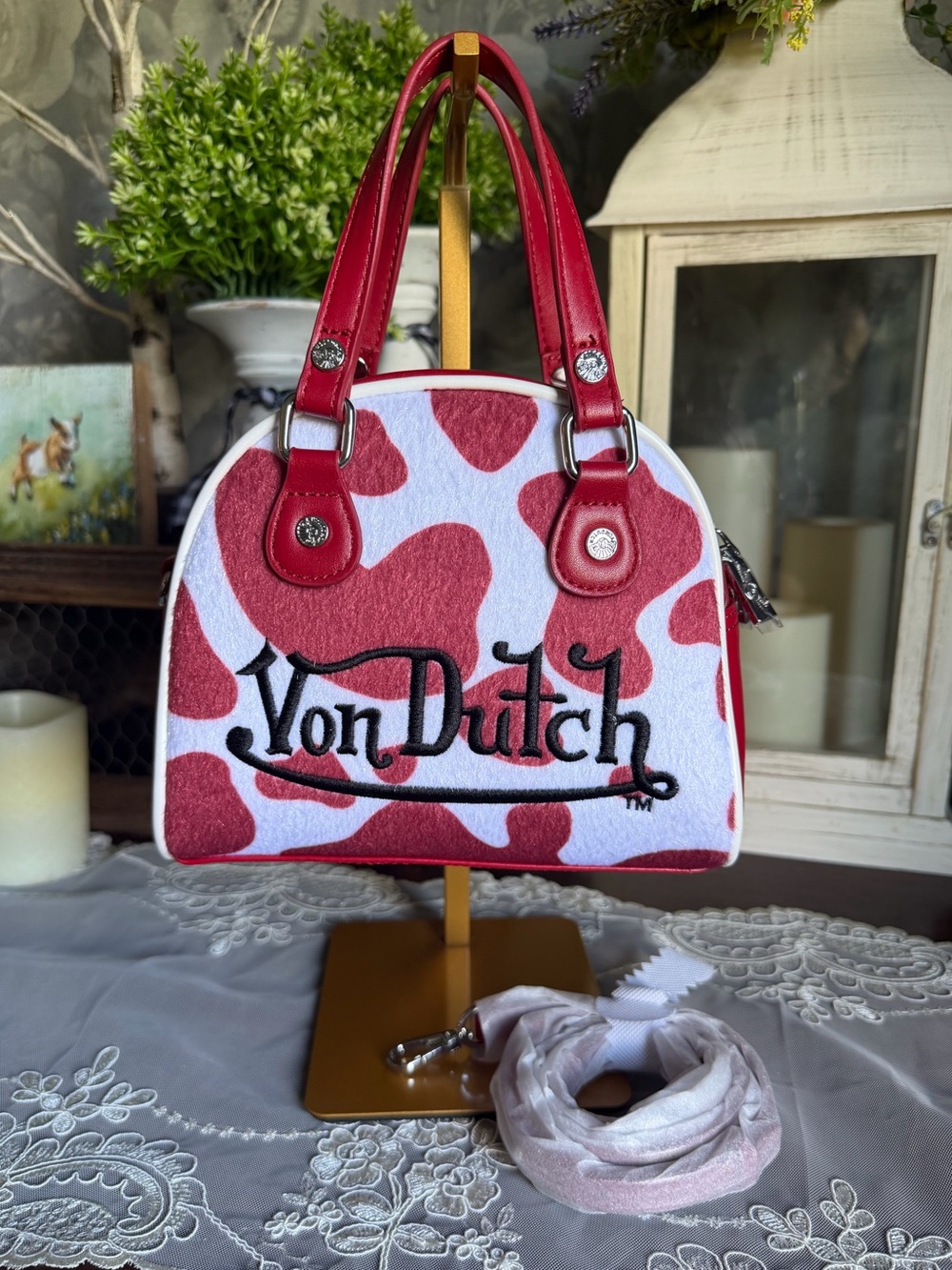 NWT Von Dutch Red & White Cowprint Mini Satchel Crossbody Handbag Purse